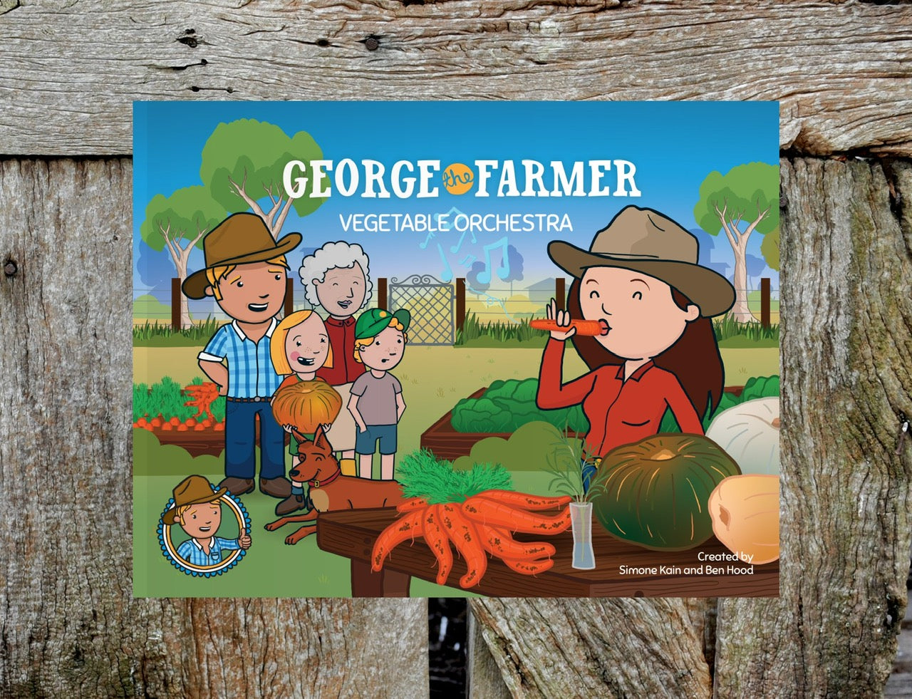 George the Farmer book cover showing characters with crooked carrots in a garden setting
