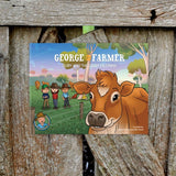 Cover of George the Farmer children’s book featuring a cow and three farmers in a rural landscape
